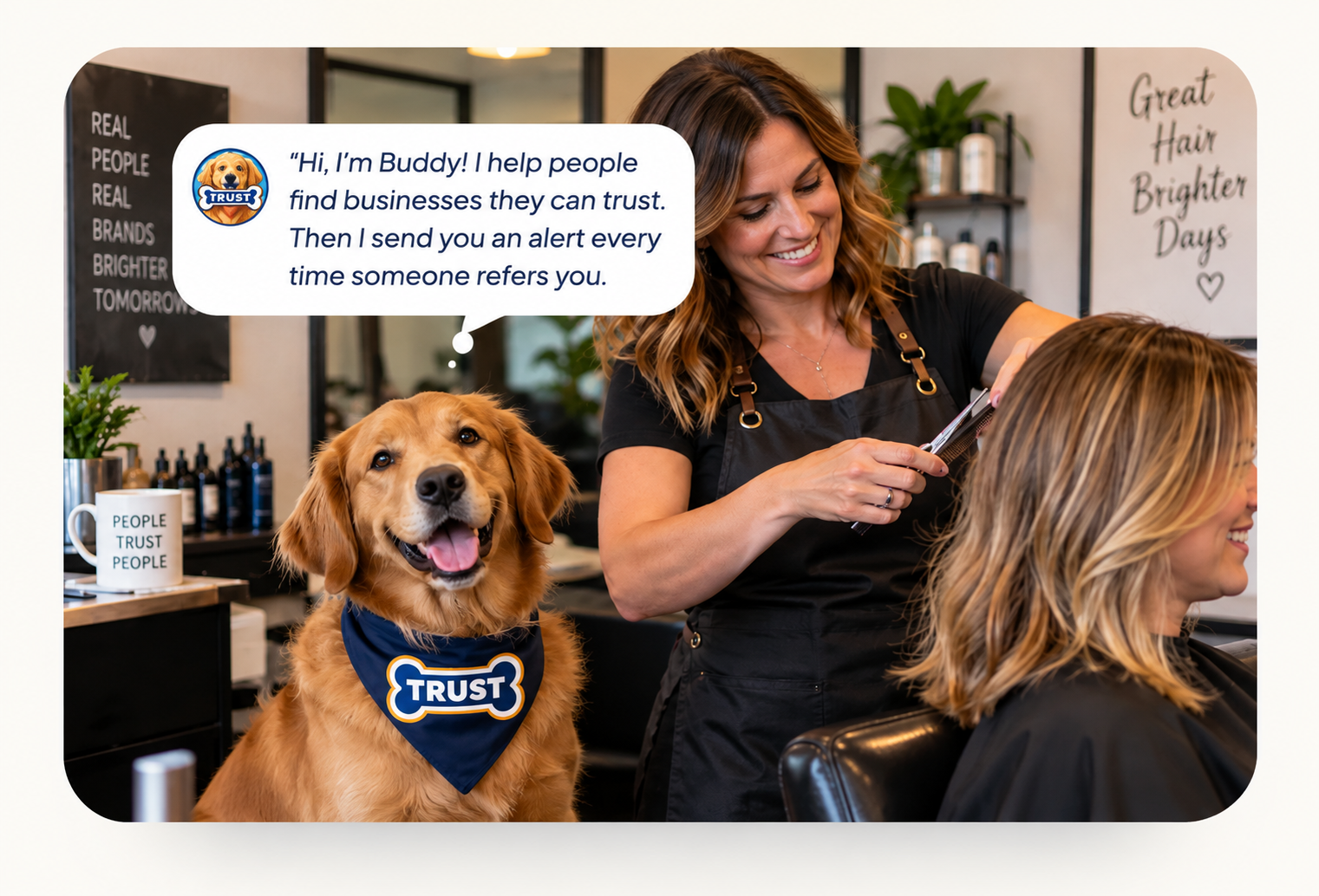Buddy beside a stylist and customer in a salon, introducing trusted business referrals