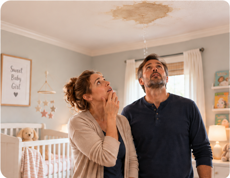 A concerned couple in their nursery looking up at a visible leak in the ceiling